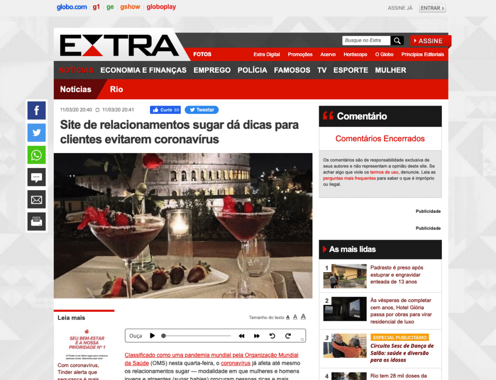 Extra: Site de relacionamentos sugar dá dicas para clientes evitarem coronavírus