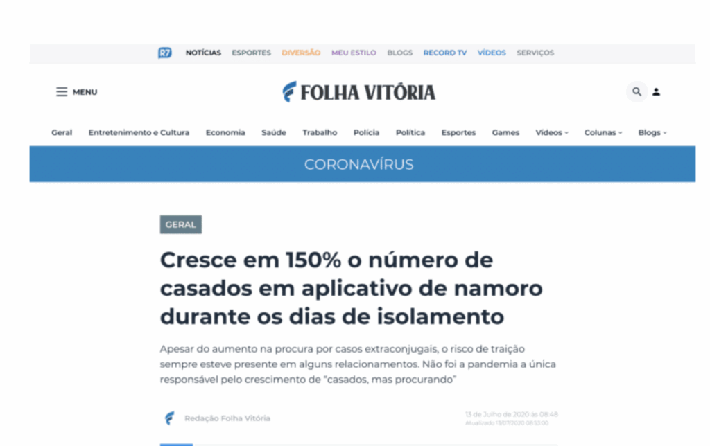 Folha Vitória: Cresce em 150% o número de casados em aplicativo de namoro durante os dias de isolamento
