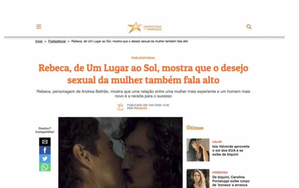UOL: Rebeca, de Um Lugar ao Sol, mostra que o desejo sexual da mulher também fala alto