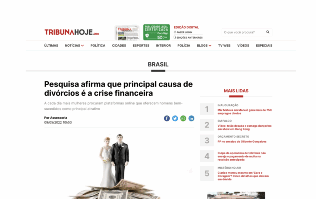 Tribuna Hoje: Pesquisa afirma que principal causa de divórcios é a crise financeira