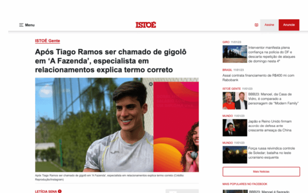 IstoÉ: Após Tiago Ramos ser chamado de gigolô em ‘A Fazenda’, especialista em relacionamentos explica termo correto