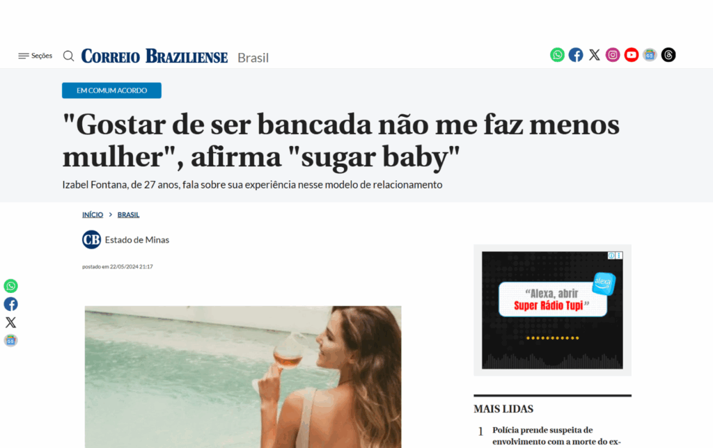 Correio Braziliense: “Gostar de ser bancada não me faz menos mulher”, afirma “sugar baby”