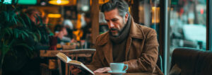 Homem lendo um livro em uma cafeteria, exemplificando a importância da intelectualidade para sapiossexuais.