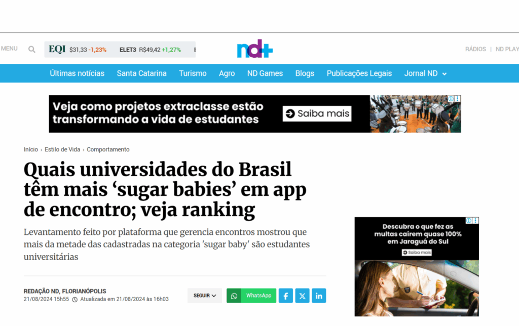 ND+: Quais universidades do Brasil têm mais ‘sugar babies’ em app de encontro; veja ranking
