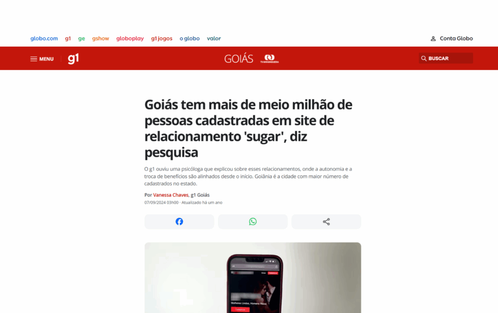 G1: Goiás tem mais de meio milhão de pessoas cadastradas em site de relacionamento ‘sugar’, diz pesquisa