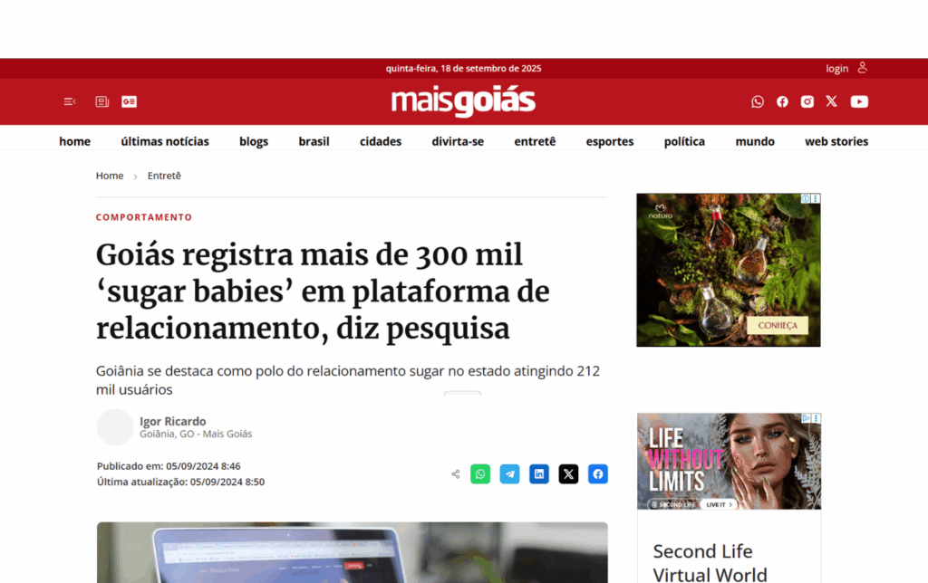 Mais Goiás: Goiás registra mais de 300 mil ‘sugar babies’ em plataforma de relacionamento, diz pesquisa