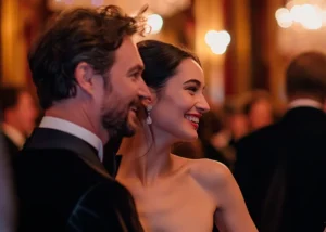 Sugar Daddy em um evento elegante com uma Sugar Baby, ambos sorrindo em um ambiente sofisticado.