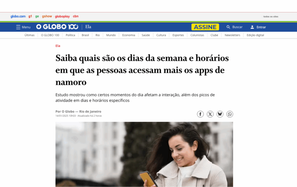 O GLOBO: Saiba quais são os dias da semana e horários em que as pessoas acessam mais os apps de namoro