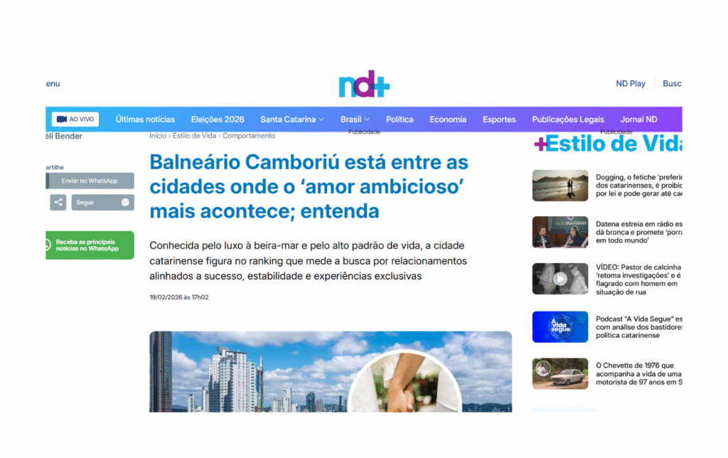 Portal ND+: Balneário Camboriú está entre as cidades onde o ‘amor ambicioso’ mais acontece; entenda