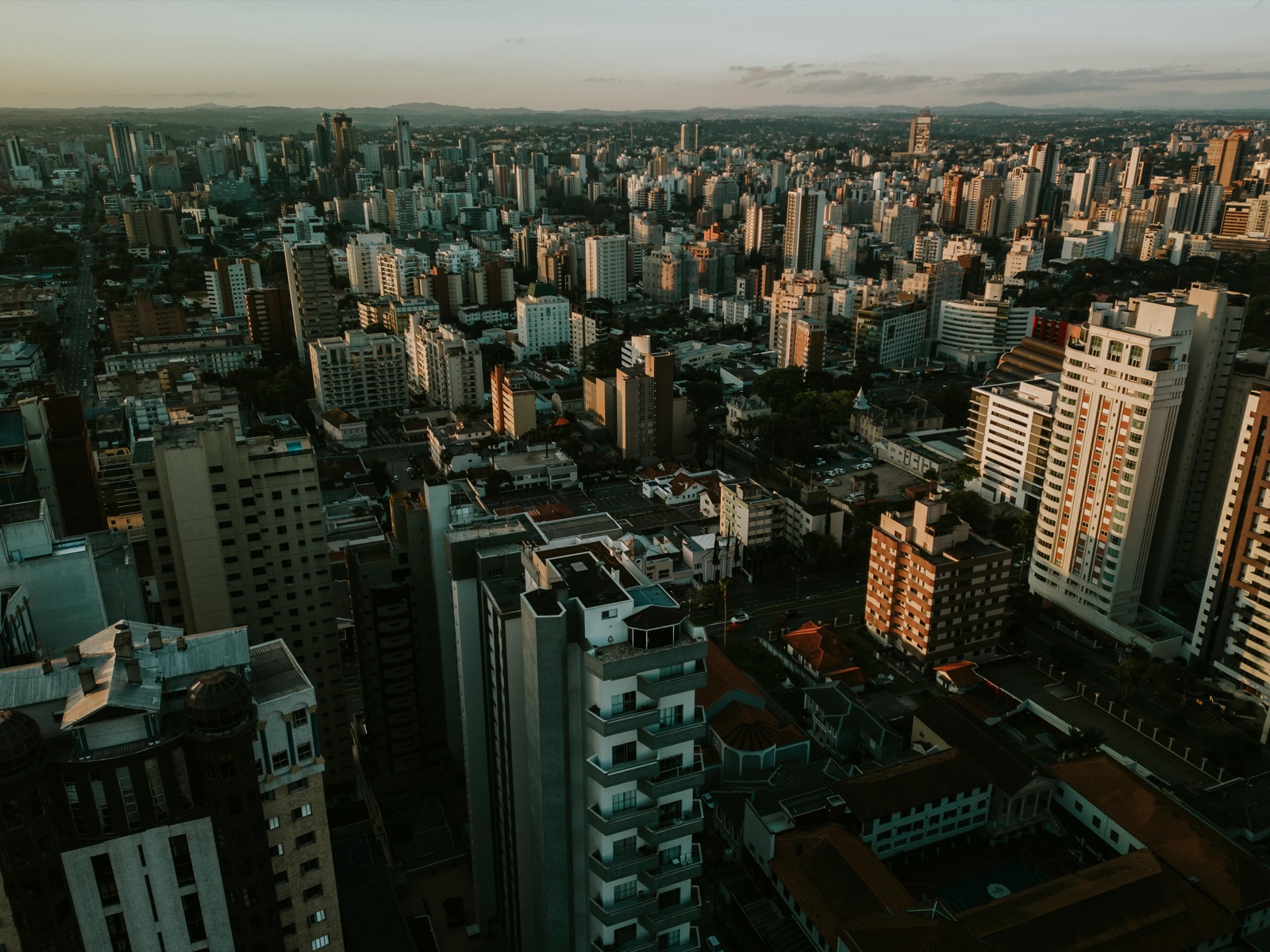 Aerial view of Curitiba skyline at dusk