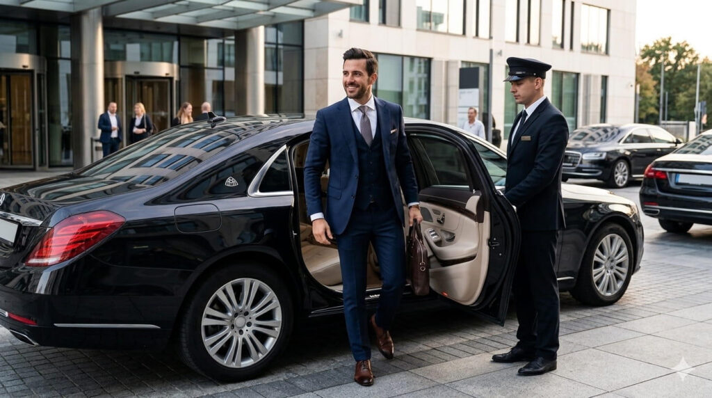 Homem que paga para conversar saindo do carro de luxo
