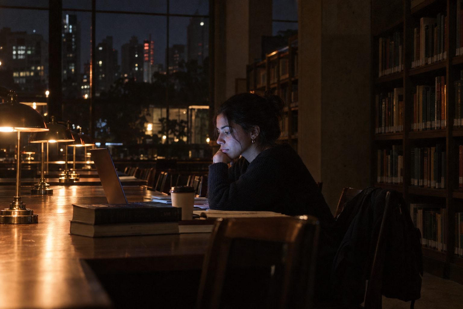 Jovem estudando à noite numa biblioteca, laptop aberto e luminárias de mesa