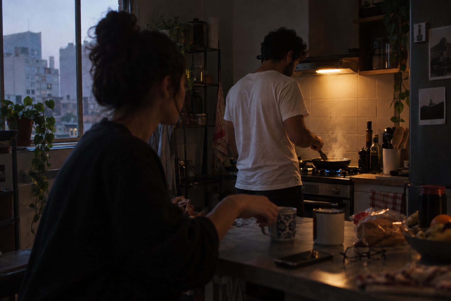 Cozinha de apartamento numa manhã de domingo, duas canecas no balcão