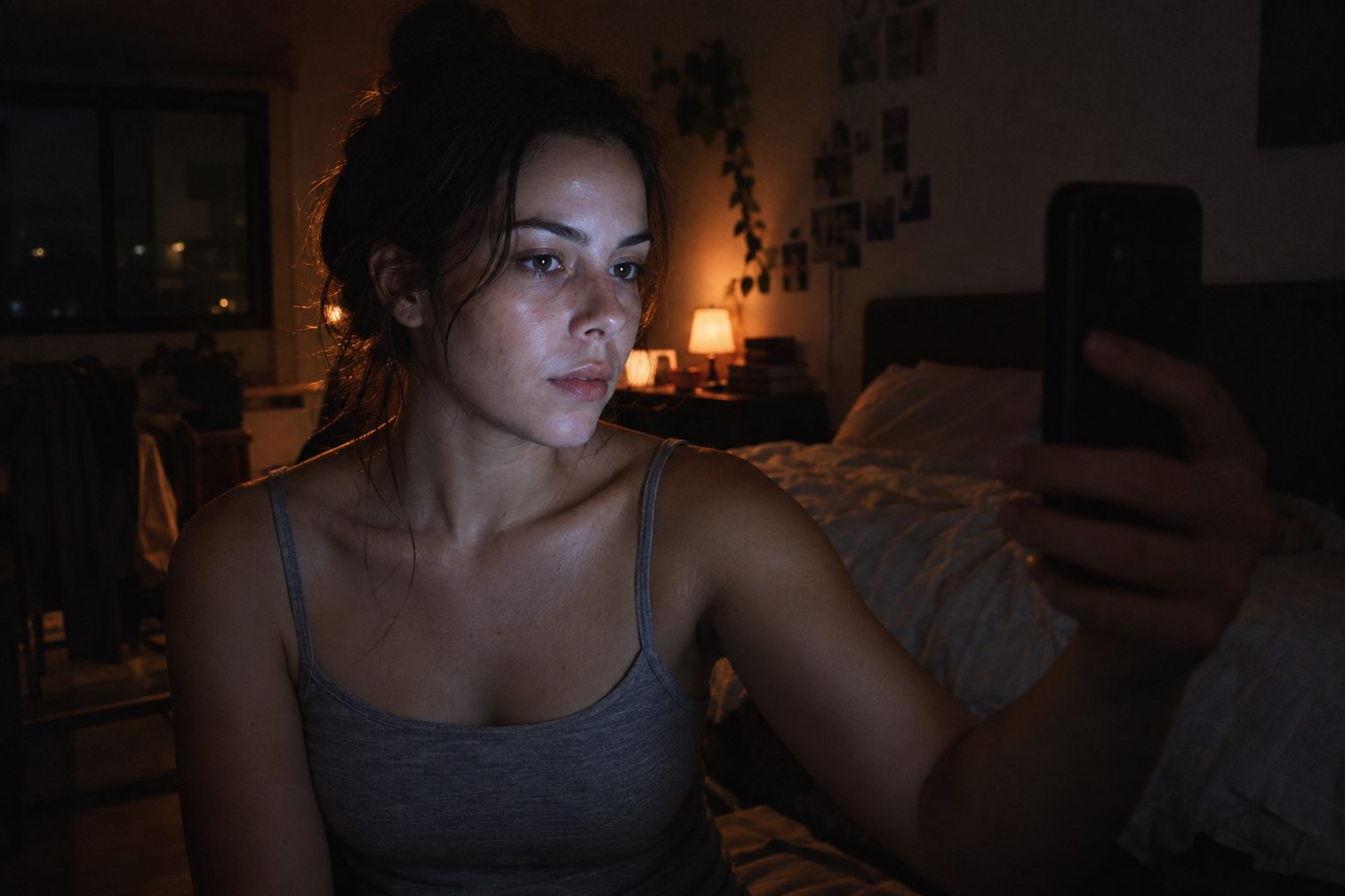 Jovem tirando uma selfie de verificação no quarto, com a luz da tela no rosto